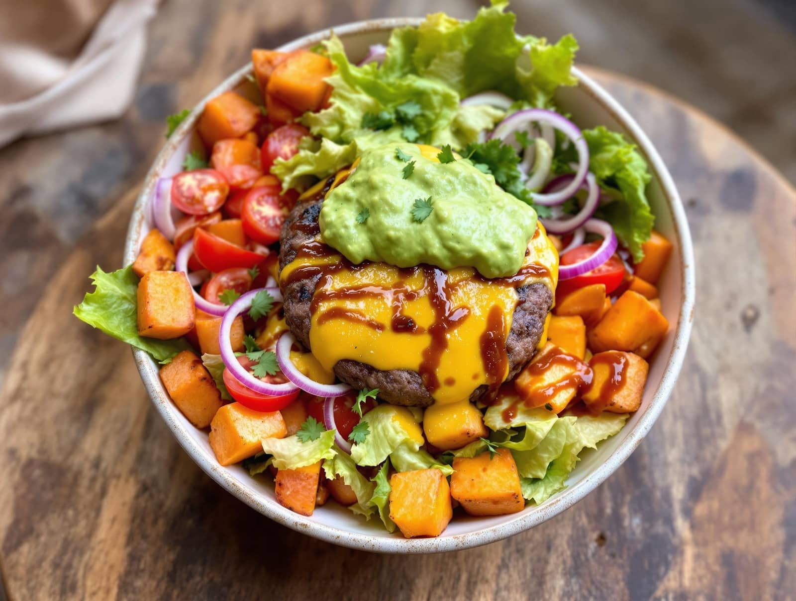 Burger bowl with sweet potato